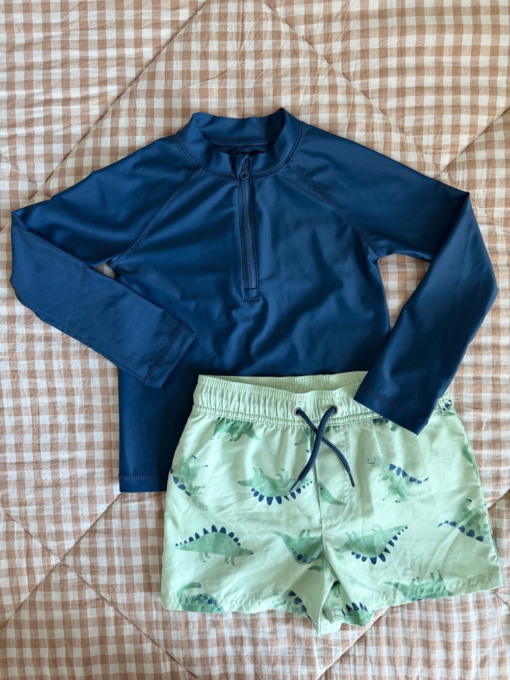 Carter's Navy Long-Sleeve Rash Guard with Mint Dino Swim Shorts